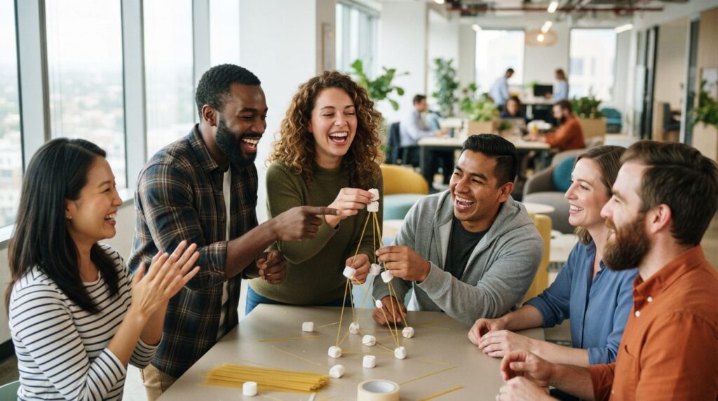Close-up of mixed group of coworkers engaging in a fun team-