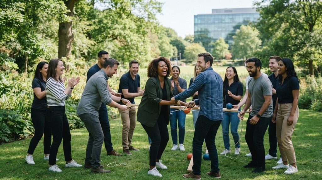 Corporate team participating in a wellness and team bonding 