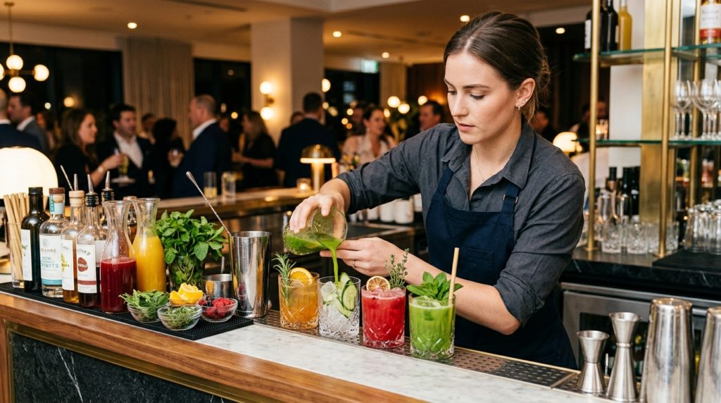 Modern event bartender in professional attire carefully prep