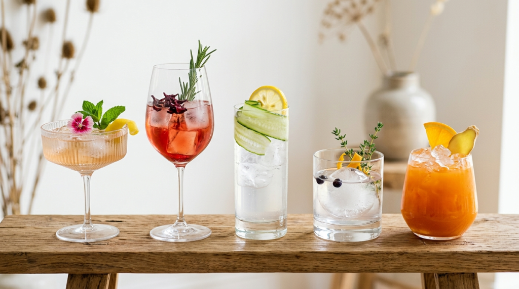 Close-up product photography of five distinct specialty beve