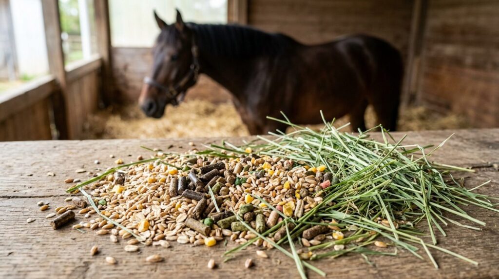 Close-up photorealistic image of premium horse feed and supp