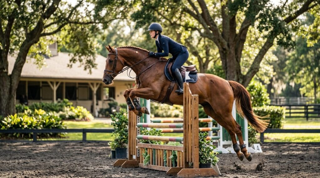 Photorealistic image of a fit, athletic horse mid-stride dur