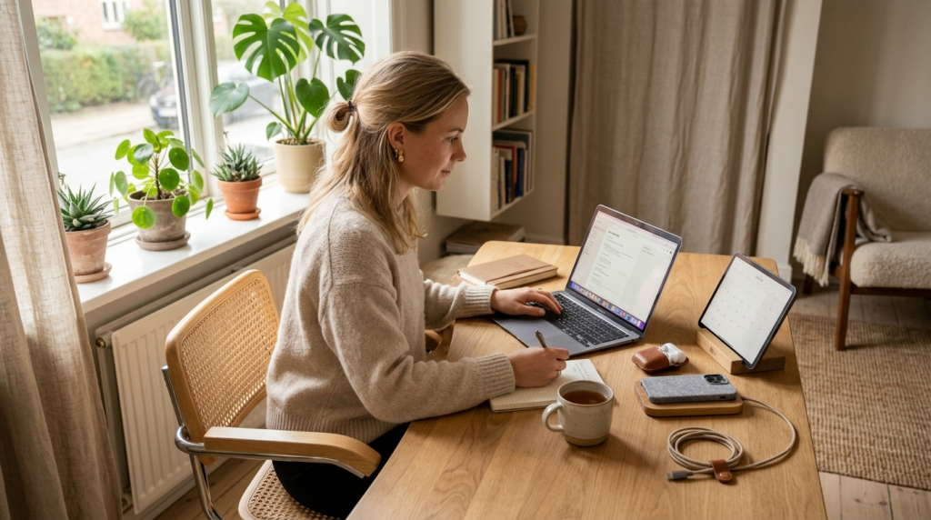 Danish interior lifestyle scene showing a person working pea