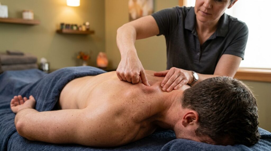 Close-up of male clients muscular shoulder and neck area sh