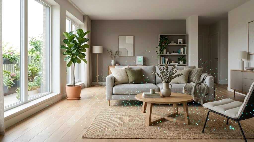 Modern home interior scene showing a living room with new fu