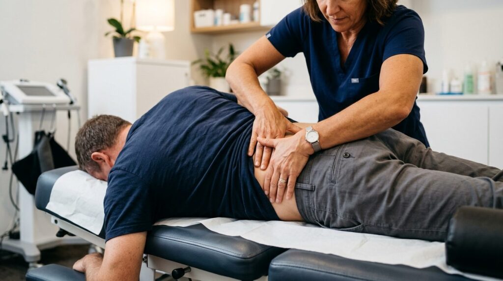 Close-up of chiropractors hands performing spinal adjustmen