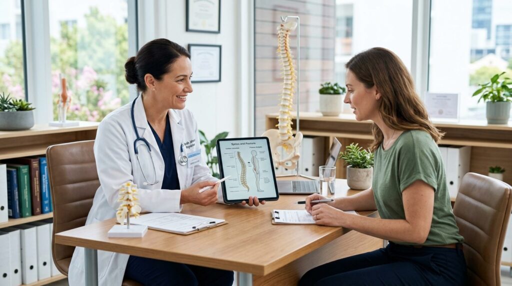 Patient in consultation with healthcare professional reviewi