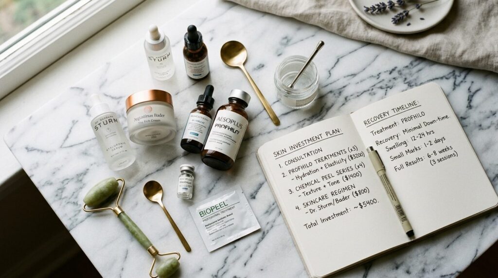 Luxury wellness lifestyle flatlay: skincare products, serums