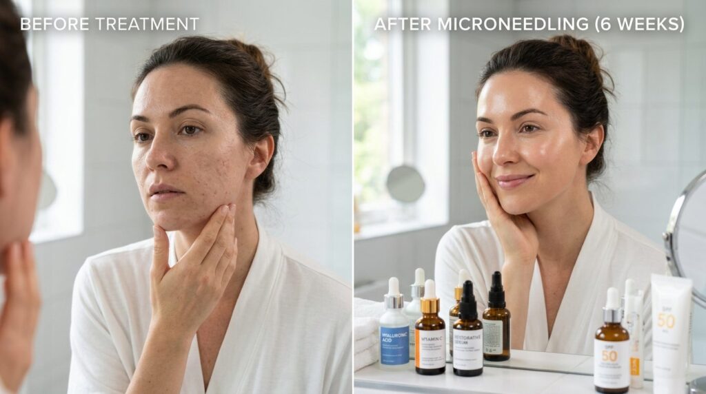 Before-and-after skincare results concept: split-screen show