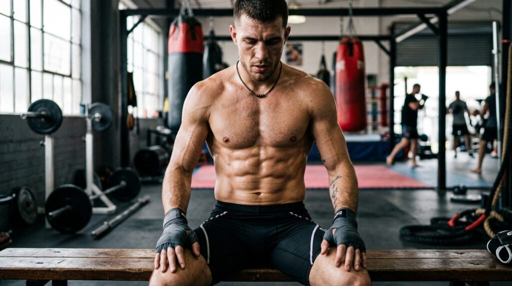 Close-up photorealistic image of a muscular fighters torso 