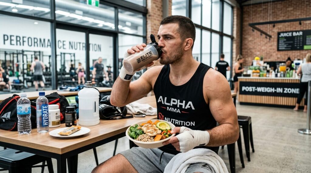 Professional stock photo of a boxer or MMA fighter rehydrati