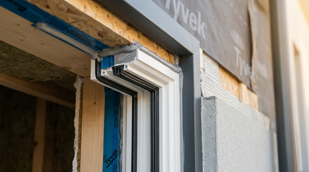 Close-up detail shot of proper window frame installation wit