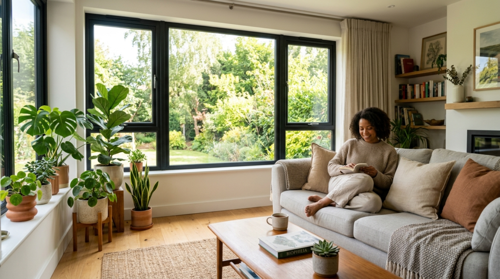 Serene interior scene of a bright, well-lit living room with