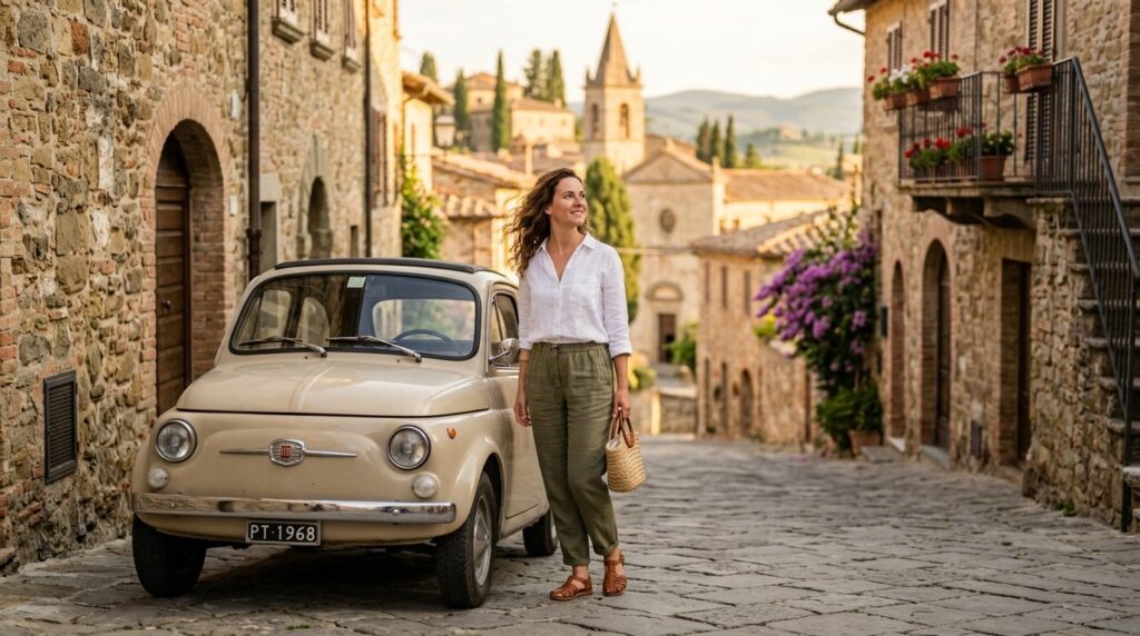 Photorealistic stock photo, 16:9 aspect ratio: Woman standin