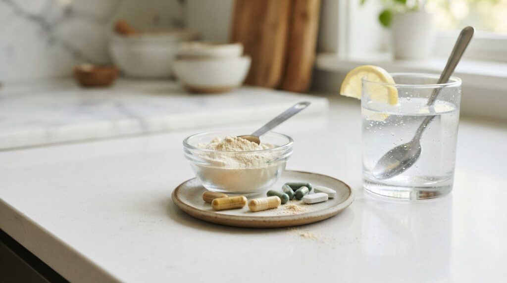 Close-up photorealistic shot of dietary supplement capsules 