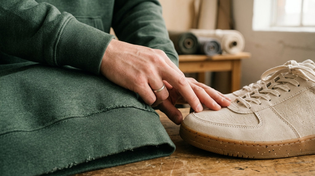 Close-up detail shot of high-quality streetwear fabrics and