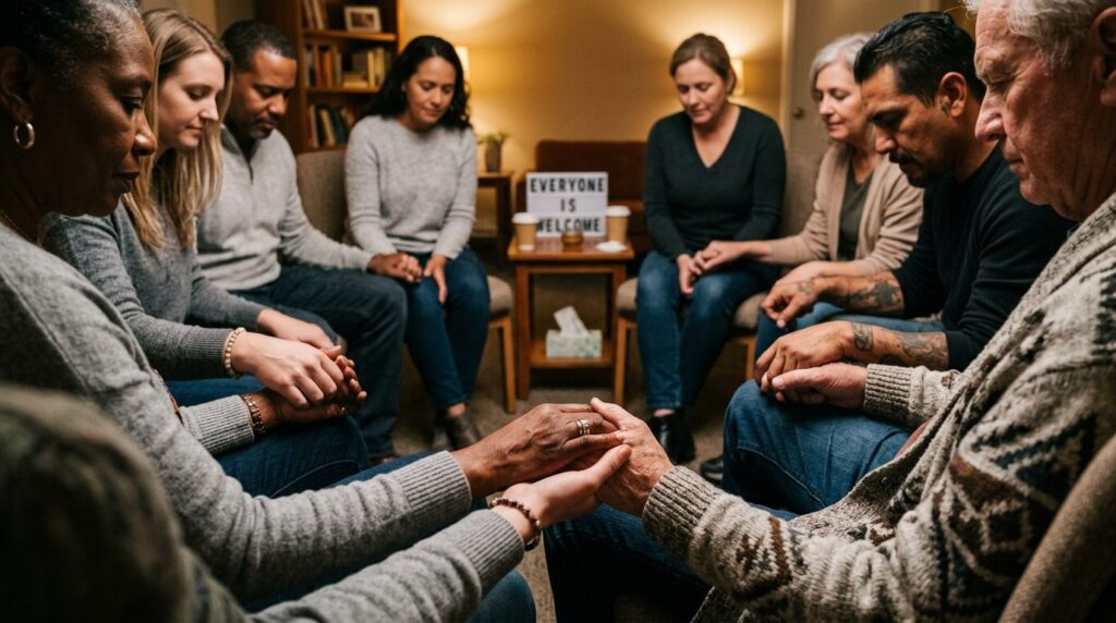 Close-up of hands holding a support group circle or wellness