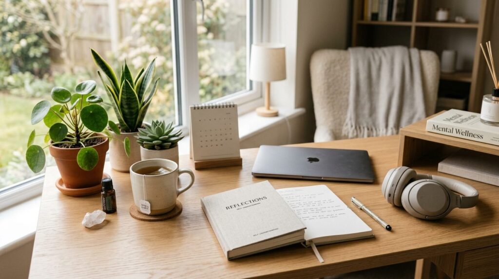 A calm, organized personal workspace with wellness items - a