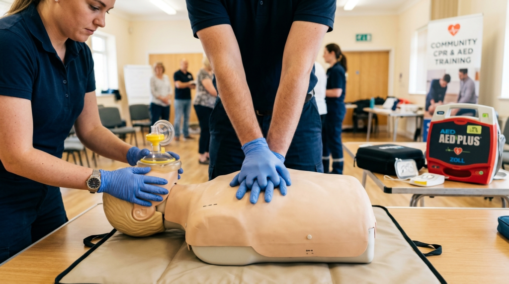 Close-up photorealistic image of hands demonstrating CPR and