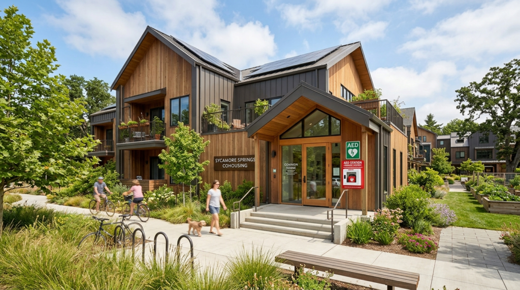 Wide-angle photograph of a modern cohousing or residential c