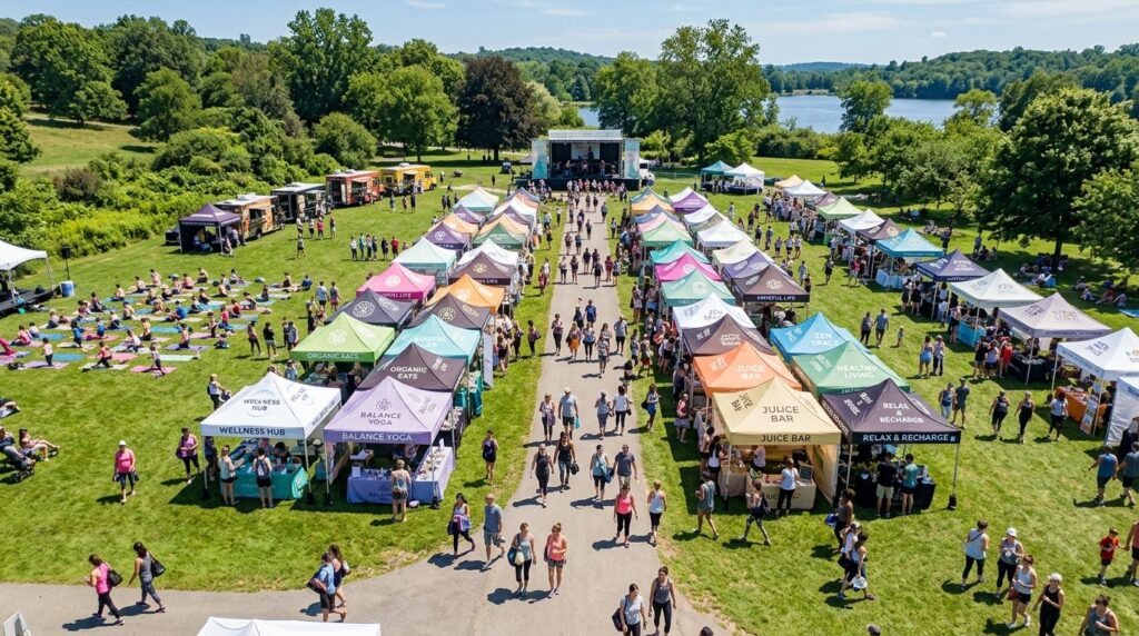 Aerial view of multiple branded wellness and lifestyle pop-u