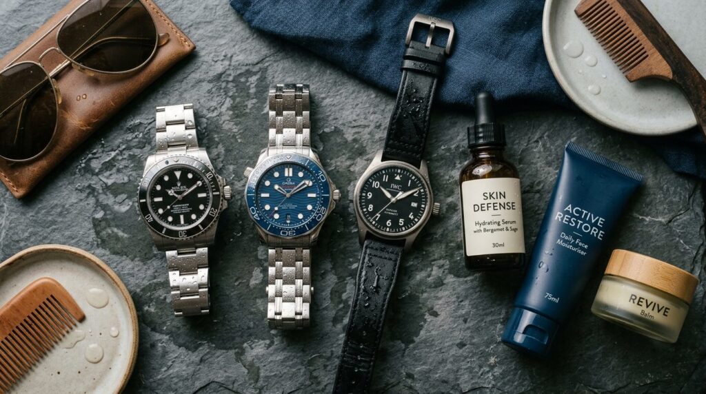 Flat lay composition of premium mens watches with moisture 