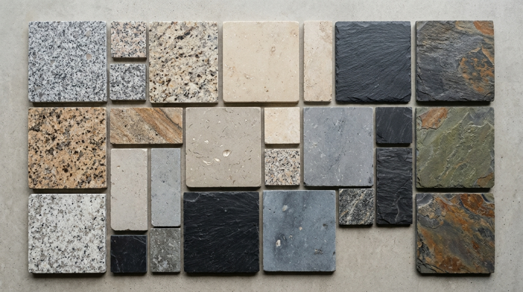 Close-up detail of premium natural stone selection - various