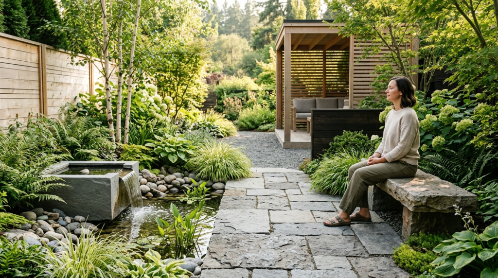 Peaceful outdoor wellness space with natural stone patio and