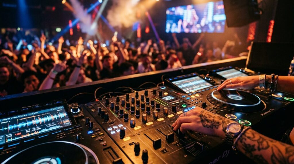 Close-up of a skilled DJs hands on professional mixing equi
