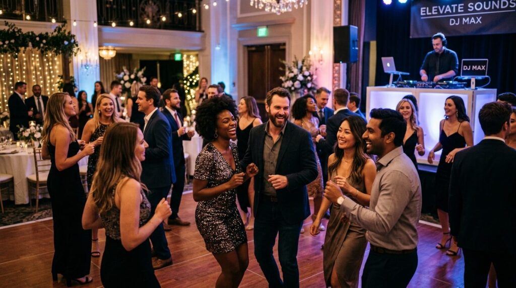Happy diverse group of people enjoying themselves at a sophi