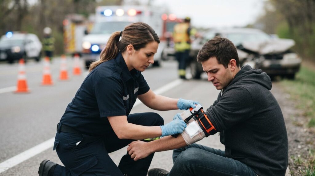 Professional stock photo of first aid responder applying eme
