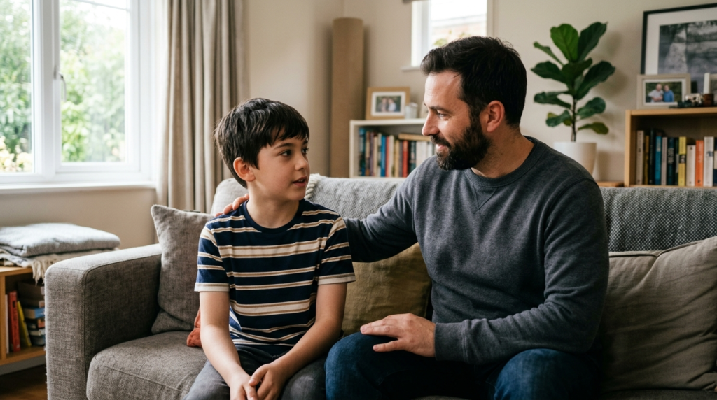 Intimate documentary-style photograph of a concerned father