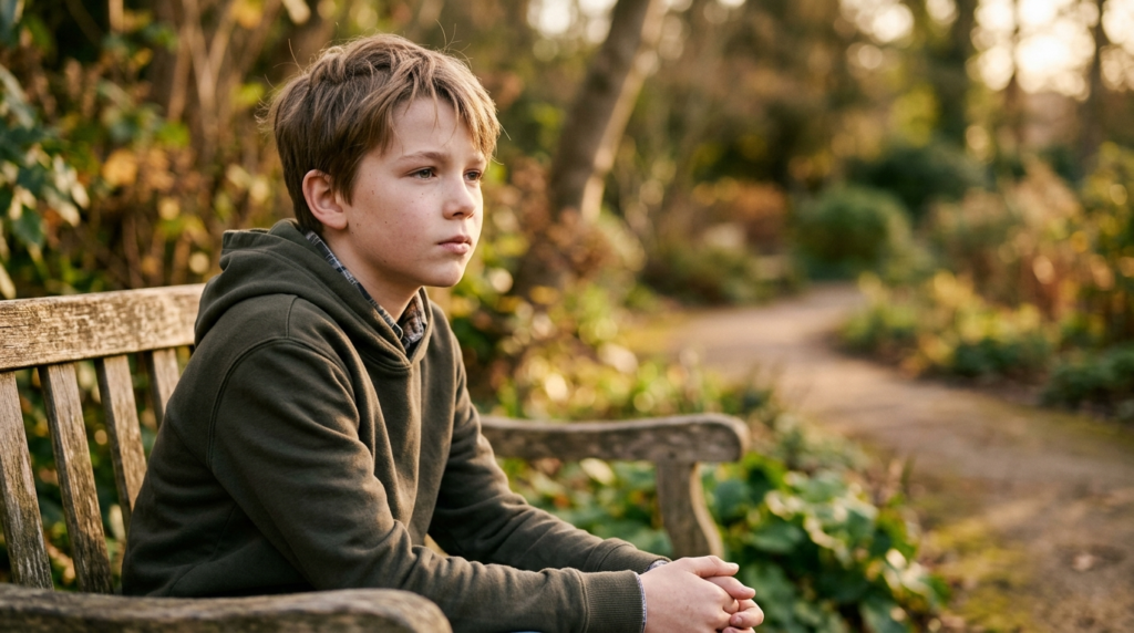 Close-up portrait of a young preteen boy (approximately 12 y
