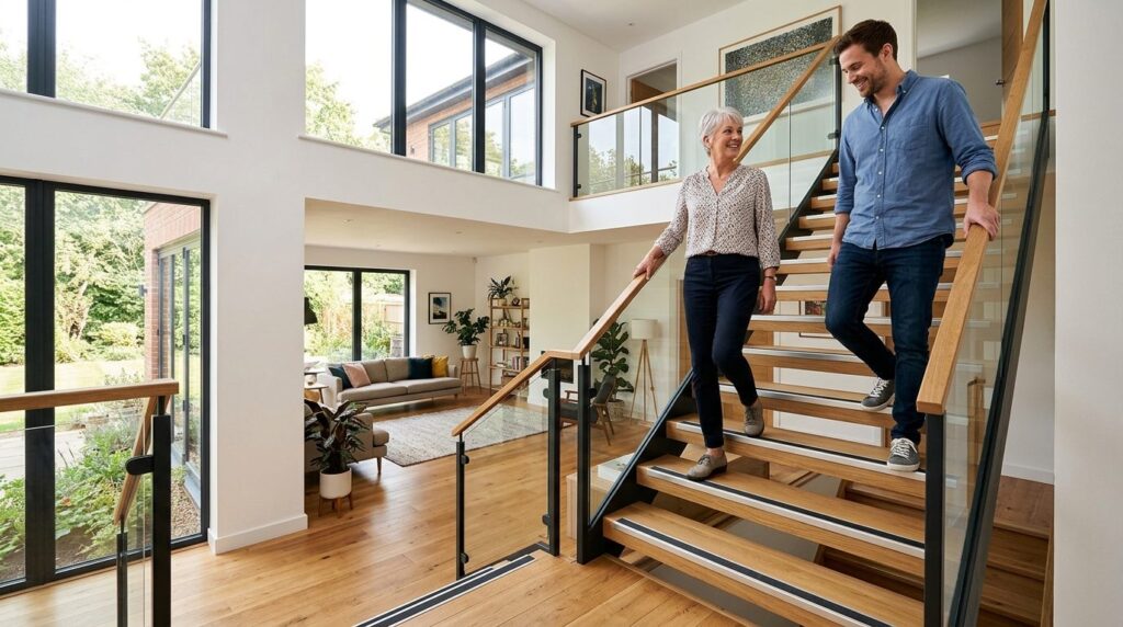 Wide-angle shot of a bright, contemporary home interior feat