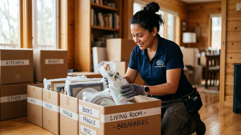 Close-up shot of a professional moving company worker carefu