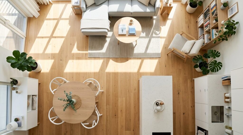 Aerial view of a spacious, organized home interior with sunl