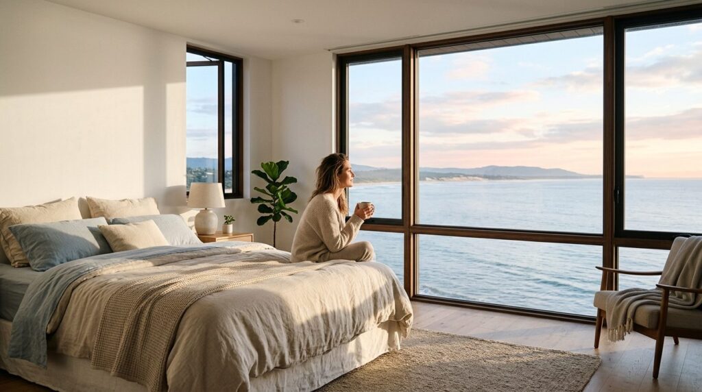 Bright, airy modern bedroom interior with large aluminum-cla